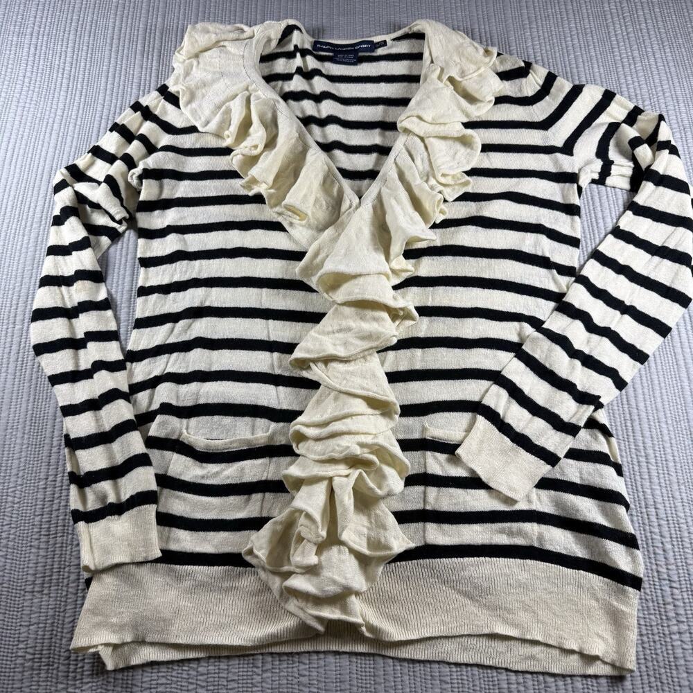 Ralph Lauren Button Up Cardigan Womens XL Cotton Linen Ruffled Trim Grandmacore